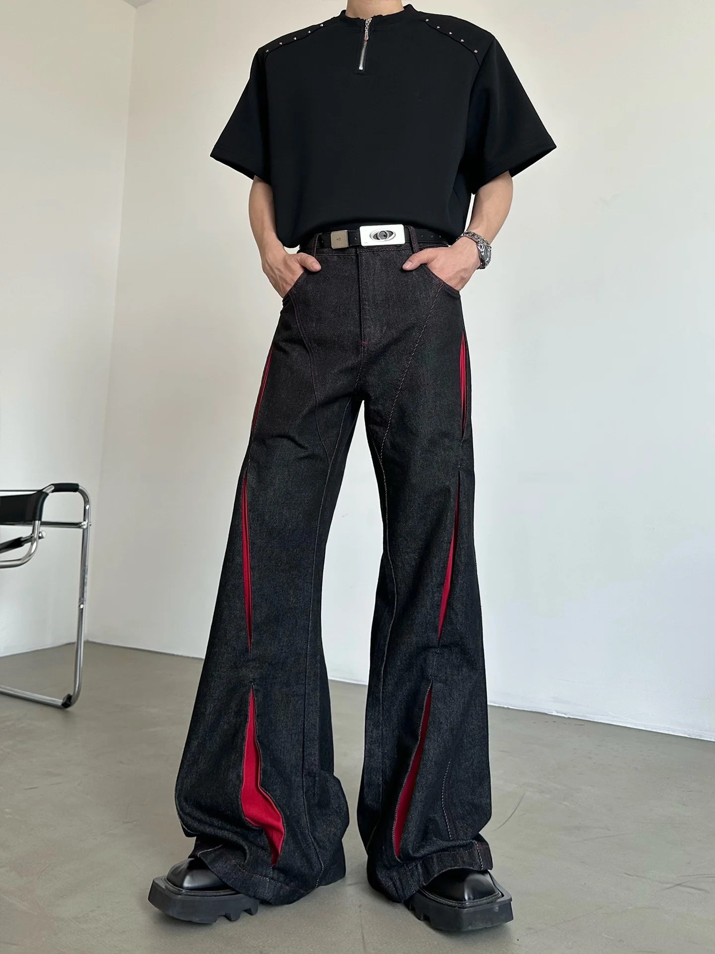 Marthenaut Men's Micro Flared Jeans Color Block Pleated Design Double Knife Black And Red Contrast Casual Cotton Denim