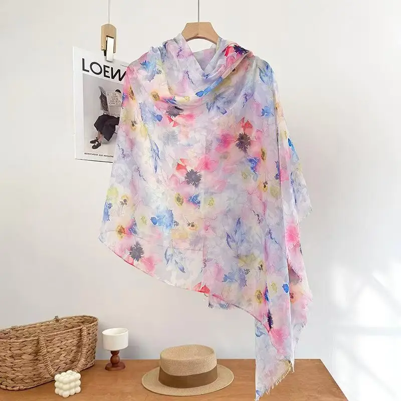 

Colorful Floral Printed Silk Scarf Shawl Korean Style Long Gauze Scarf Women Spring Summer New Beach Sunscreen Versatile Wrap