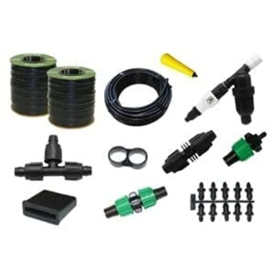 

Drip Tape 15 mil Irrigation Kit for Vegetable Gardens Two 750 ft Rolls Black Fittings for 20 Rows Durable Polyethylene with Pre