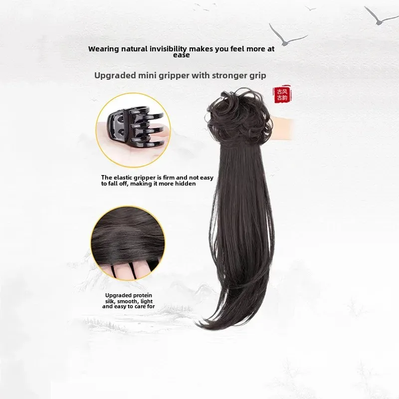 المرأة النمط الصيني مايكرو مجعد شعر مستعار طويل Hanfu المتكاملة الكرة دبوس الشعر الألياف الآسيوية ذيل الحصان شعر مستعار لتصفيف الشعر