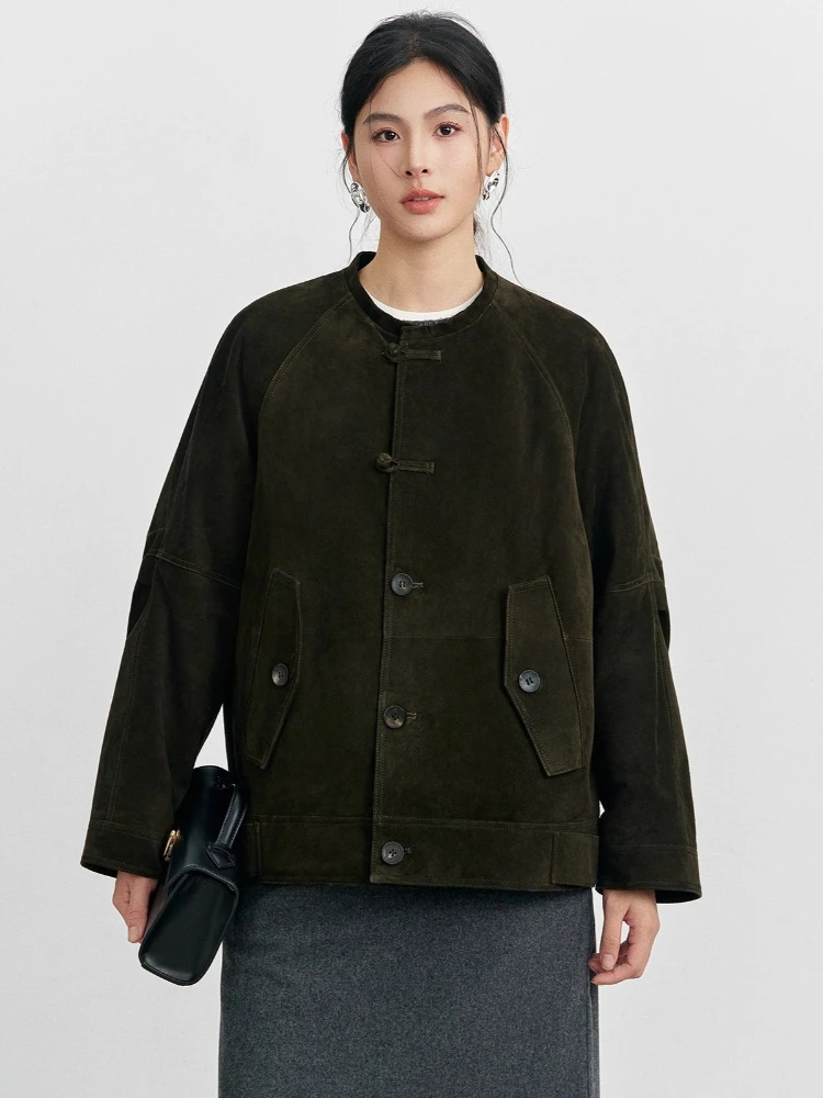 

Vintage Short Genuine Leather Suede Jackets for Women Autumn Winter 2026 New High-end Simple Real Cow Leather Camel Down Coat