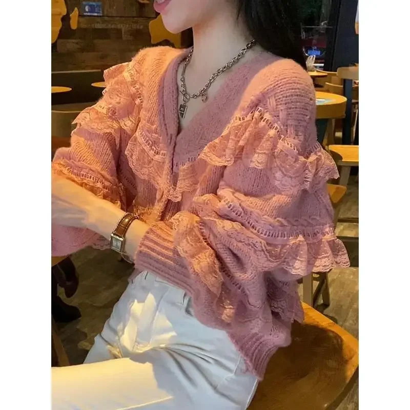 Ocean Gentle Wind Design Sense Spring Autumn Lace Wooden Edge Stitching Knitted Cardigan Temperament Sweet Sweater Blouse Woman