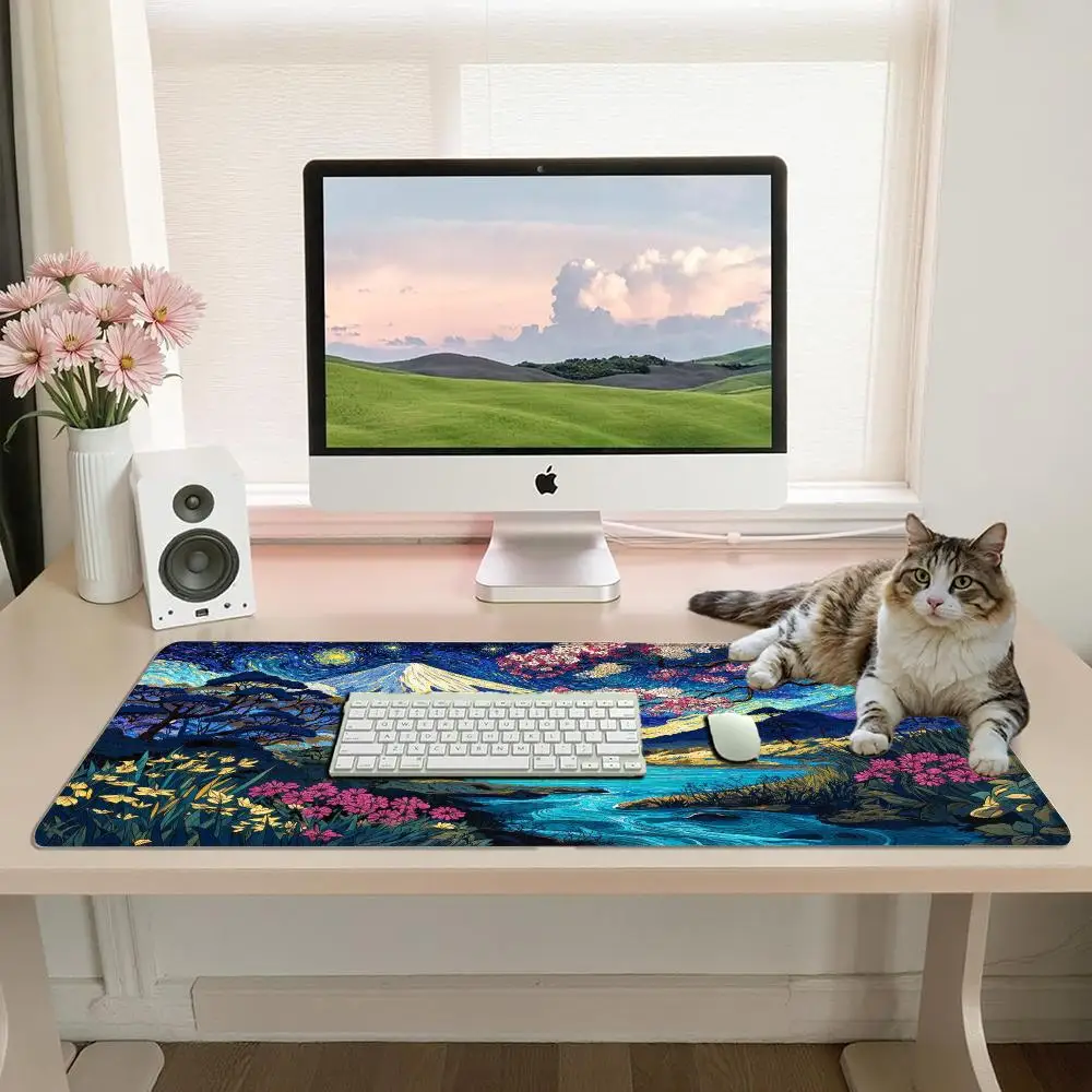 Van Gogh Style Japanese Fuji Mountain Mouse Pad Large Gaming Office DeskMat Non-Slip Stitched Edges Desk Accessories Mousepad
