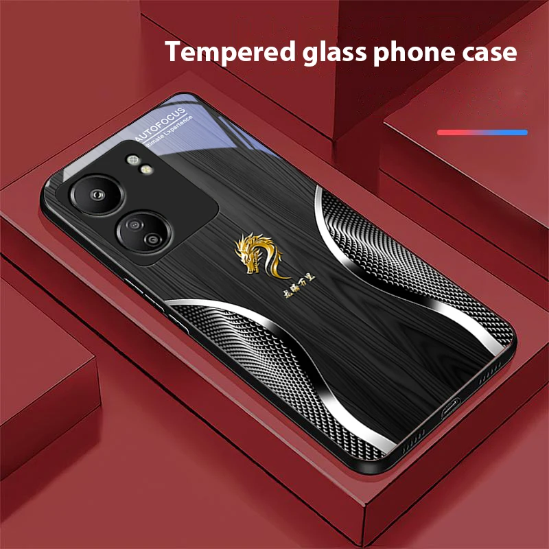 Wooden Dragon Black For Xiaomi Redmi 13C Note13 12 Pro Plus 5G Note 9 13T Pro POCO X6 F5 F6 Black Tempered Glass Phone Case