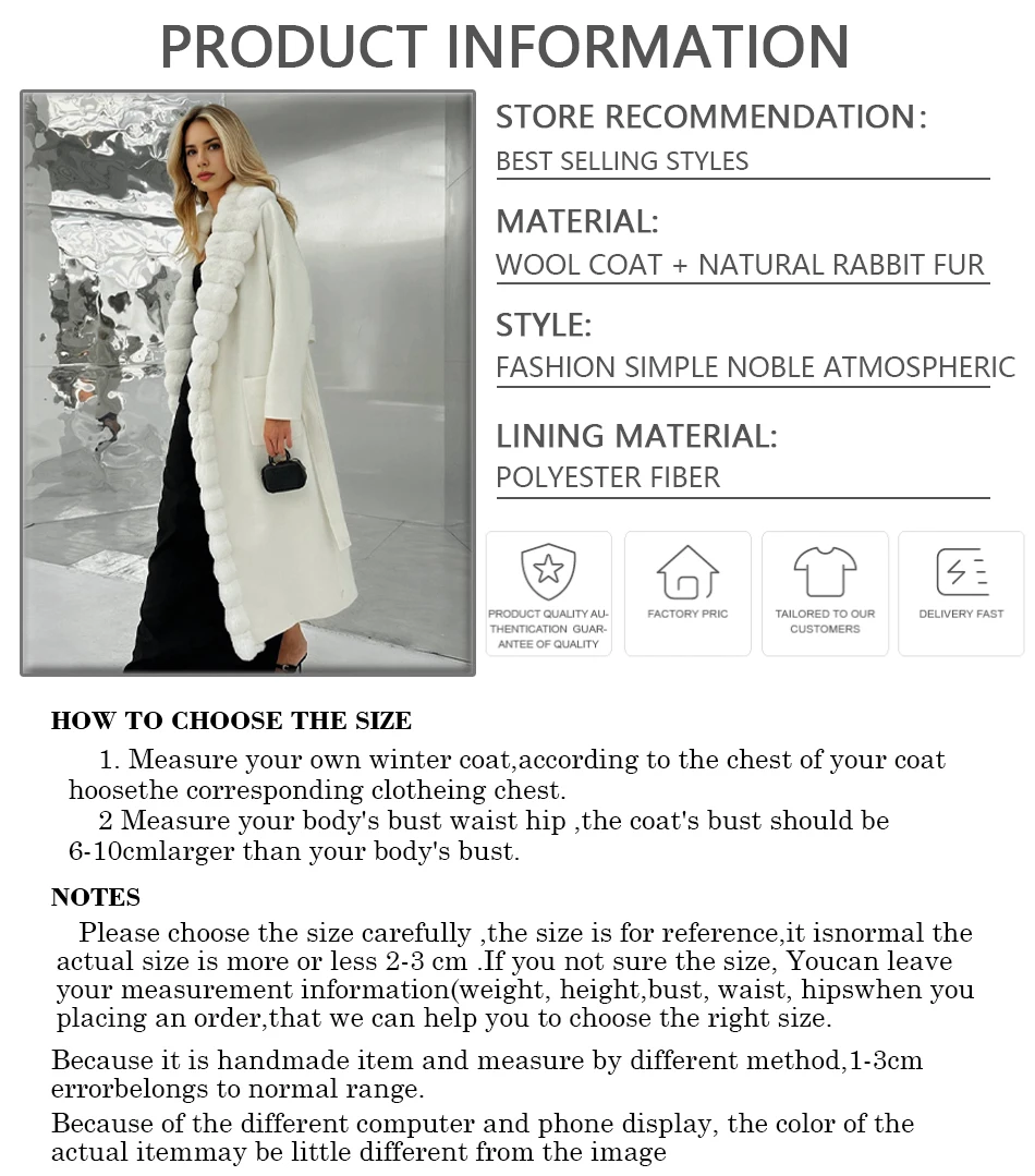 Cappotti di lana bianchi per donna Cappotto di cashmere con collo di pelliccia di coniglio Cappotto di lana invernale di nuova moda di fascia alta da donna