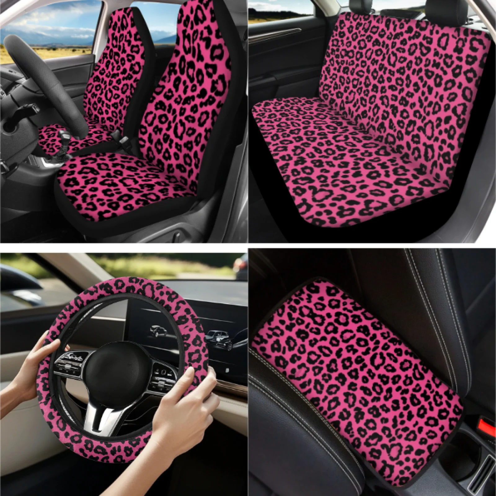 Coloranimal Leopard Print 13 PCS Car Seat Cover Set with Long Lasting Steering Wheel Cover and Car Armrest Cover for SUV