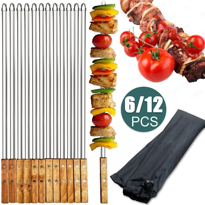 Stainless Steel BBQ Long Skewers with Wooden Handle for Shish Kebab Turkish Grills Kabobs Grilling Koubideh Brazilian-Style