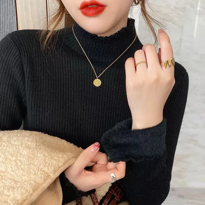 Women Autumn and Winter Korean New Half High Neck Sweater Supple Cozy Elegant Knit Bottom Shirt Fleece Warm Long Sleeved Tops