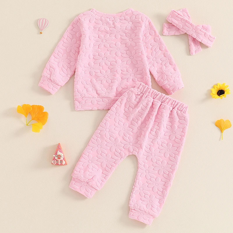 2024-05-22 Lioraitiin Toddler Girl Fall Outfit Daisy Embroidery Long Sleeve Sweatshirt with Elastic Waist Pants Headband Set