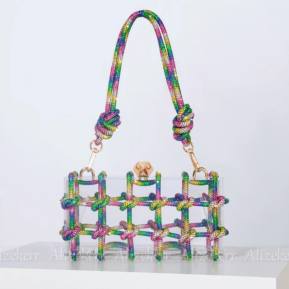 Bolso de hombro con correa para mujer, bolso de mano, caja de acrílico transparente con diamantes, cuerda tejida Y2k, diamantes de imitación, fiesta de boda