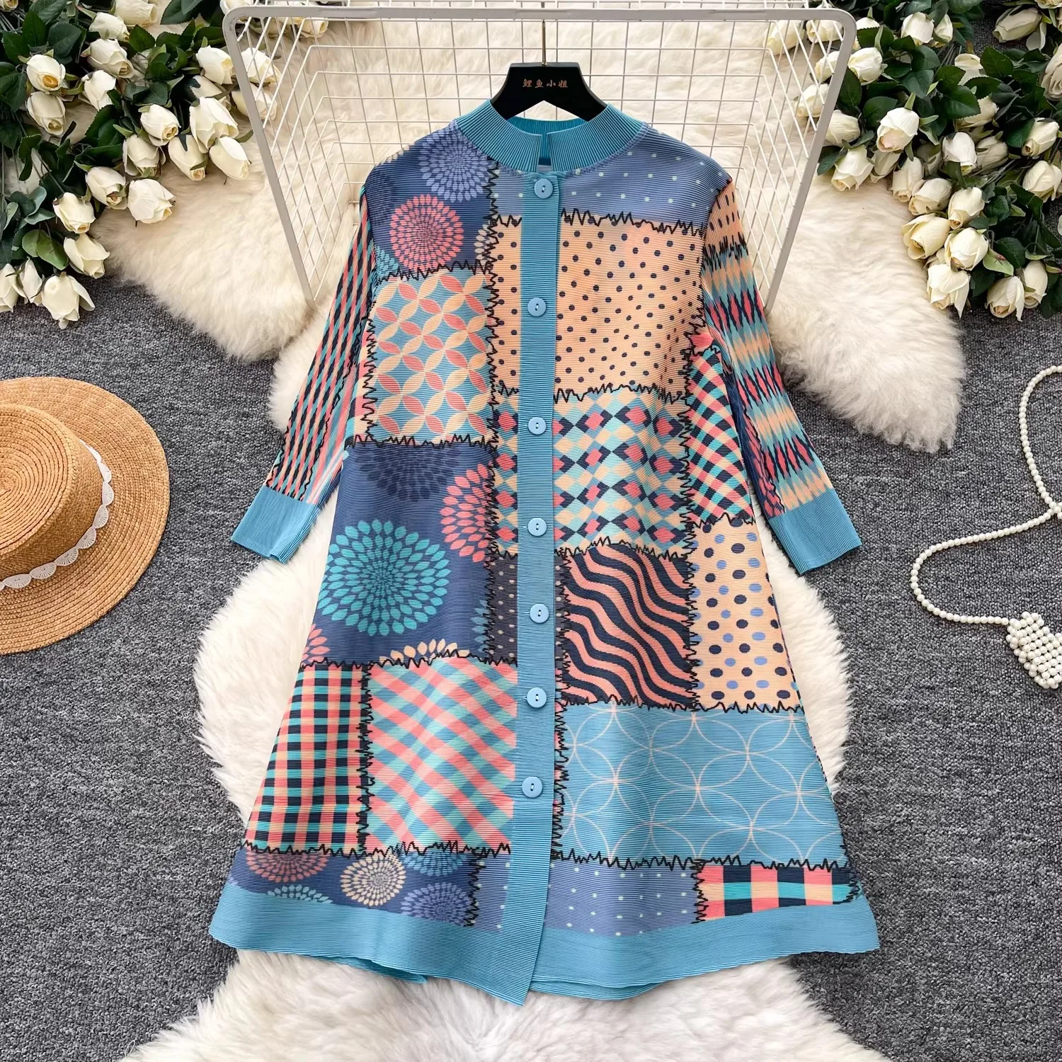 

Miyake Women's Contrast Color Printed Pleated Shirt Dress Lapel Single Breasted 3/4 Sleeve Cardigan High-Quality Clothing