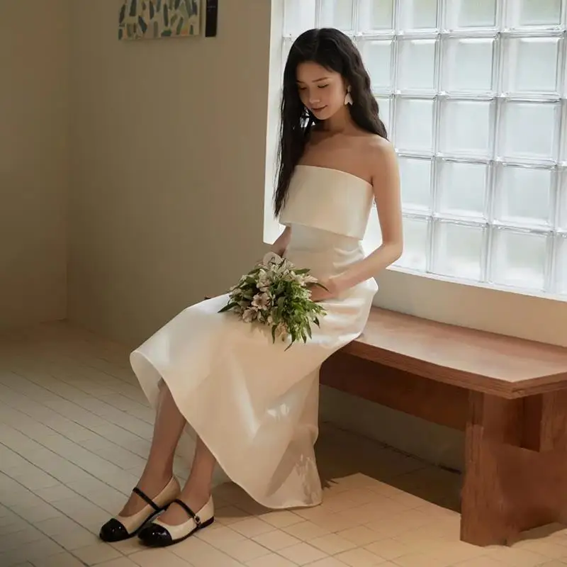 Vestido De Novia largo De satén sin tirantes para mujer, traje Sexy clásico, elegante, sencillo y cómodo, novedad De 2023