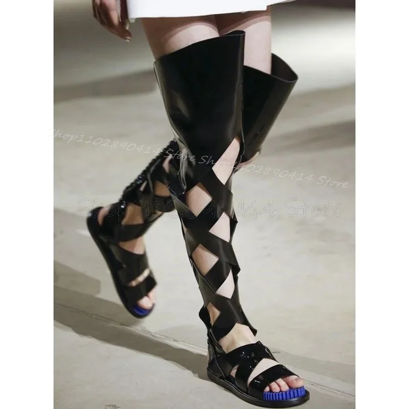 

Black Hollow Design Cut Heel Open Toe Sandals Boots Lace Up Women Shoes Low Top Fashion Runway Banquet 2025 Zapatos Para Mujere