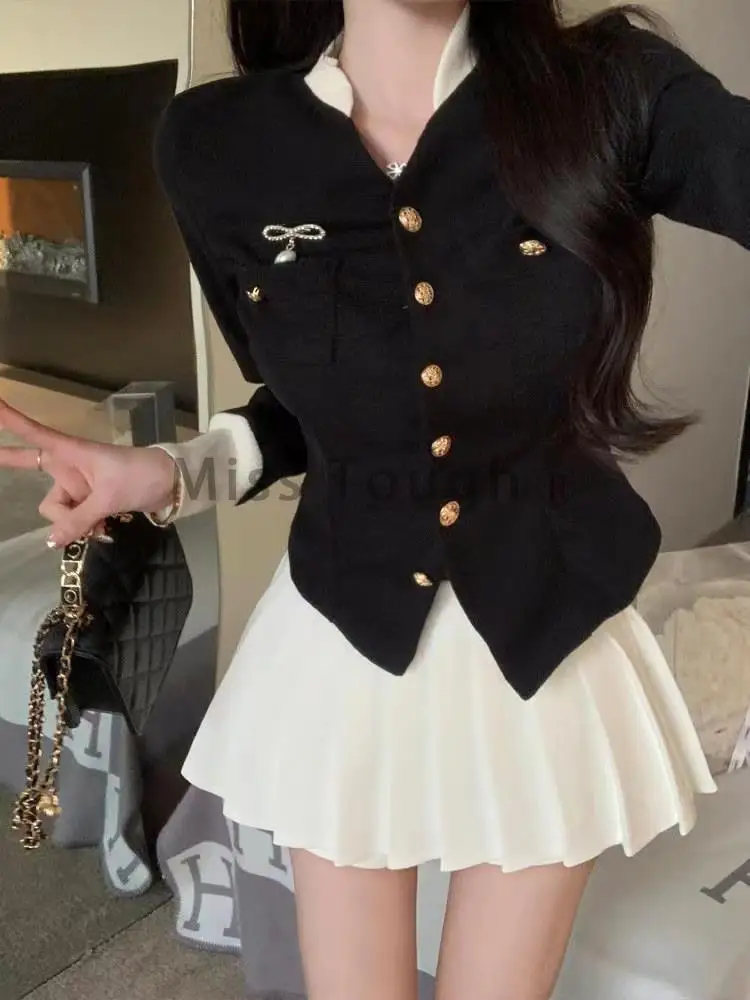 Autumn New Sexy Preppy Style 2 Piece Set Women French Rich Girl Top+High Waist Pleated Skirt Female Fashion Wear Skirt Suit