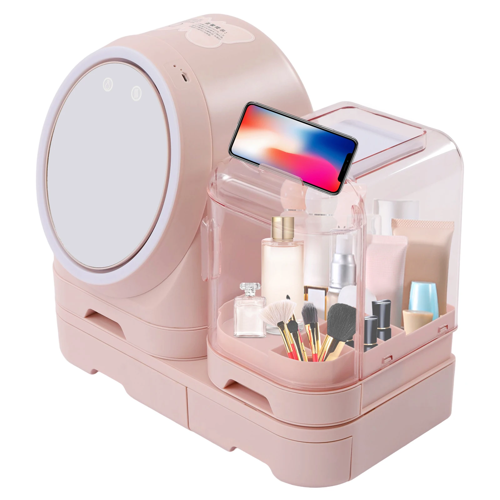 Caja de almacenamiento de cosméticos de escritorio, estuche de belleza de joyería de maquillaje con espejo, luz Led rosa