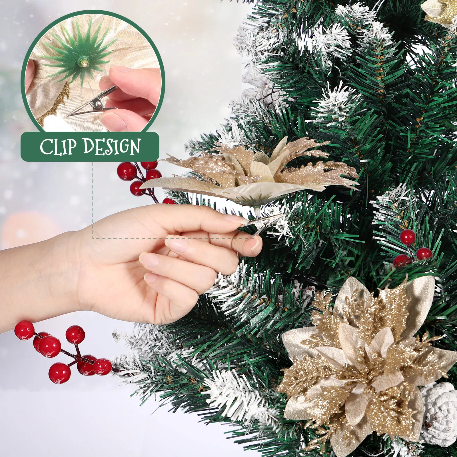 

Christmas Decor Fake Poinsettia Xmas Flowers Faux Stems Artificial for Picks Red Glitter Tree Decorations with