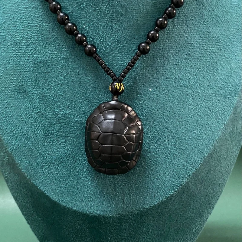 Natural Hetian " to the World" , Black Sheep Fat Jade Carved Turtle Shell Pendant, "Wealth to a Reg