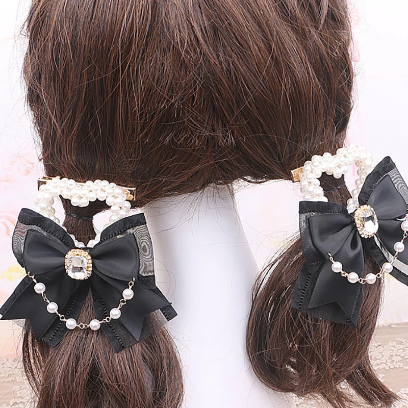 Uroczy klips na głowę dla dziewczynki w stylu Lolita z ręcznie robionym łańcuszkiem z kokardką i perłowymi spinkami, klipsem bocznym Akcesoria damskie — zdjęcie 4