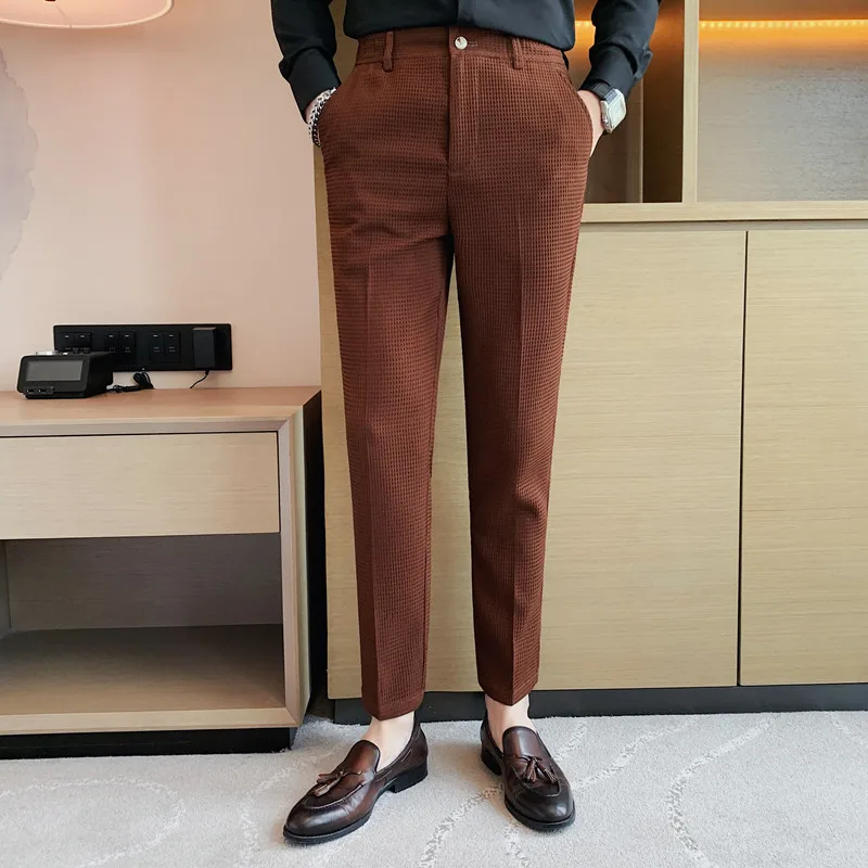 2022 Autumn New Waffle Stretch Waist Business Formal Pants Men Fashion Wedding Slim Trouser Mens Brand Social Party Suit Pants