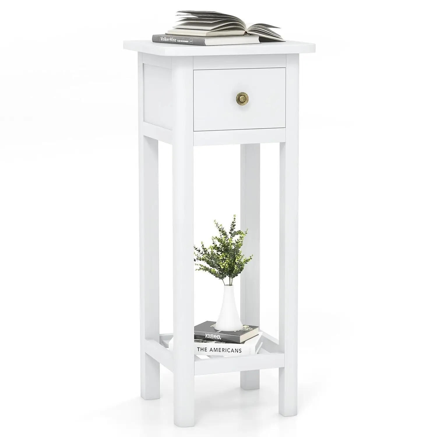 Acacia Wood Narrow Side Table Drawer & Open Shelf, Tall Slim End Table Nightstand Small Spaces Bedroom No Assembly, Customized