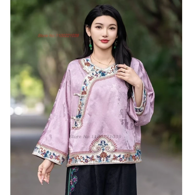 

2025 traditional chinese vintage coat national flower embroidery improved o-neck folk jacket oriental satin jacquard hanfu tops
