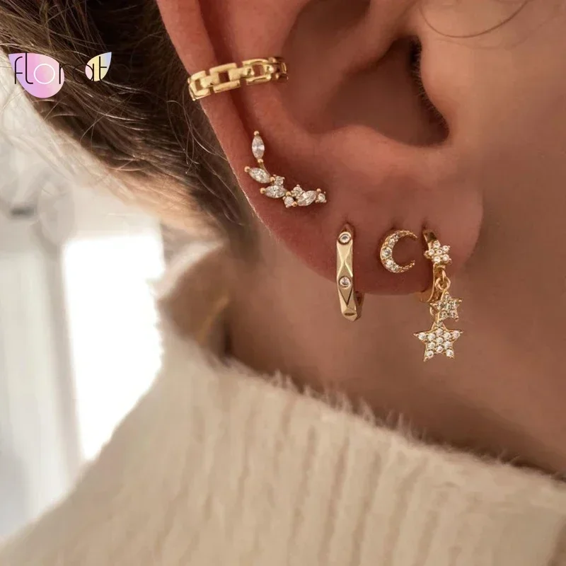 Pendientes con colgante de estrella y luna de cinco puntas, pendientes de aro de aguja de Plata de Ley 925 para mujer, joyería de fiesta de moda con