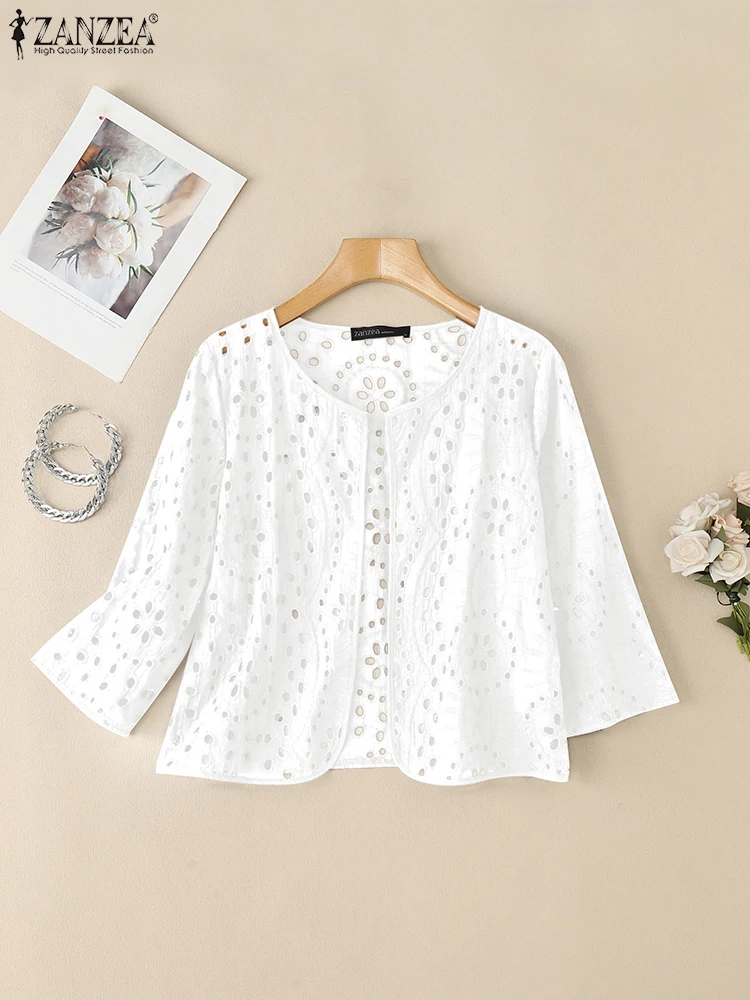 Stylish Autumn Hollow Out Cardigans ZANZEA Women Embroidered Blouse Elegant Shirts 2025 Fashion 3/4 Sleeve Kimonos Slim Fit Tops