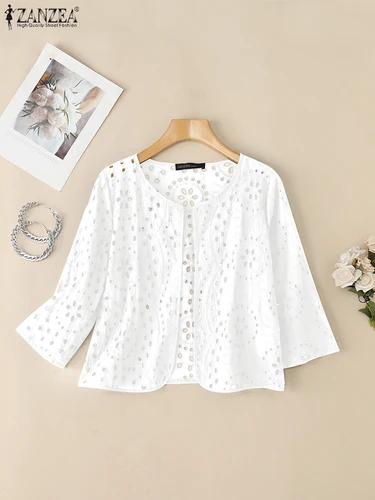 Imagen 2 del producto Cárdigans calados con estilo de otoño ZANZEA, blusa bordada para mujer, camisas elegantes, kimonos de manga 3/4 a la moda, Tops ajustados