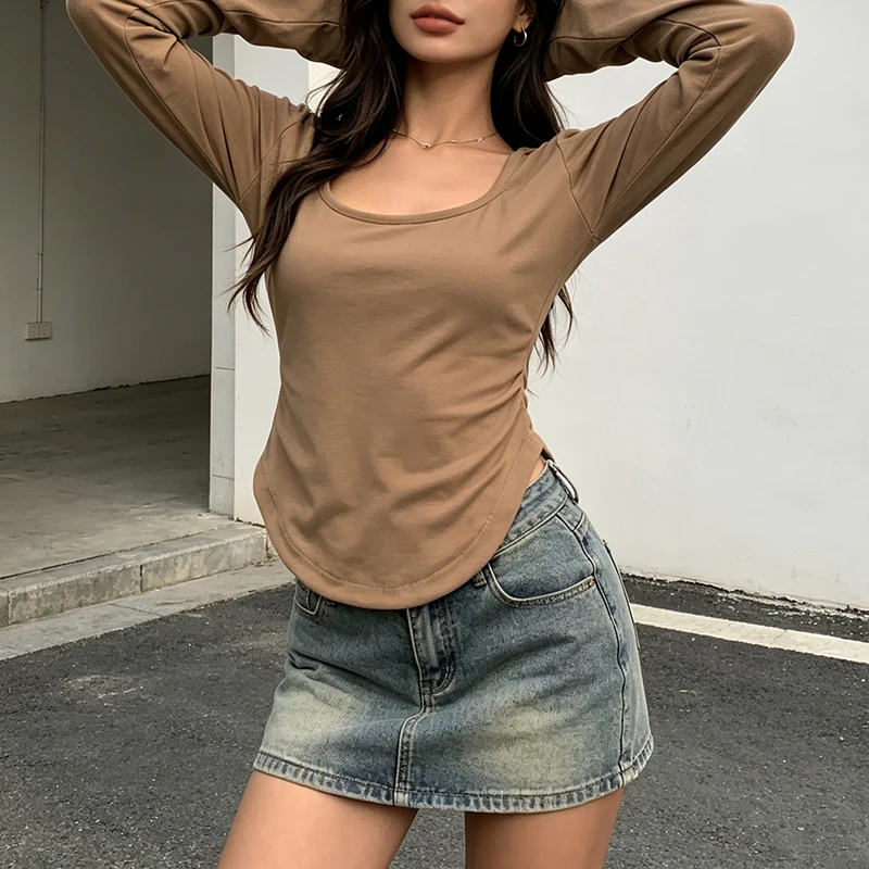 Women's Cotton T-Shirt Casual Round Neck Long Sleeve Slim Fit Basic Tee Top view 3