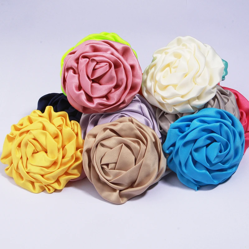 

120Pcs wholesale 3" Rolled satin rose Fabric Flowers Flat Back For Hair Accessories