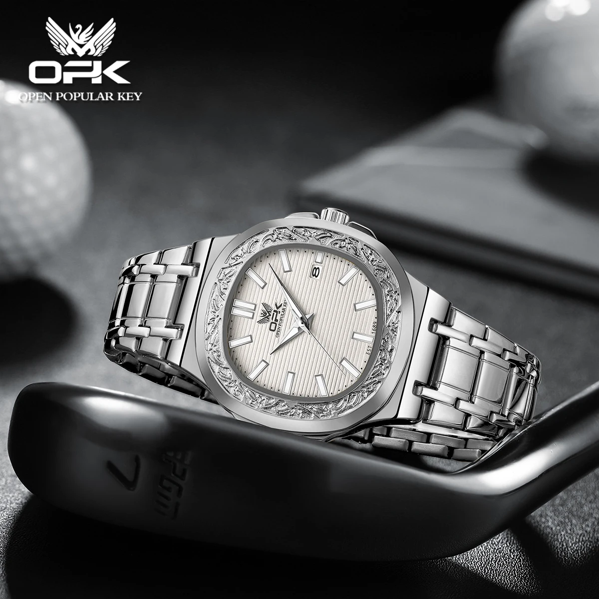 OPK 8145 Mens Watch Simple Original Square Dial Quartz Watch Stainless Steel Watches For Man Waterproof Luminous Calendar Men