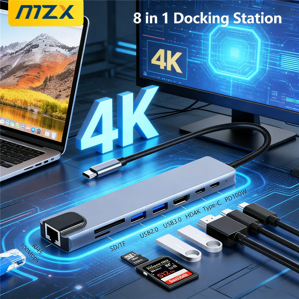 MZX 8 in 1 4K USB C Docking Station Hub 3 0 Type A Concentrator HDMI-Compatible HDTV RJ45 SD TF Card Reader Dock for Laptop Hubs