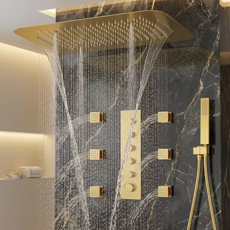 Homedec Modern Creative Matte Brush Gold Brass Concealed Wall Mount Shower System 2-Way Thermostatic Mixer Valve Square Rain
