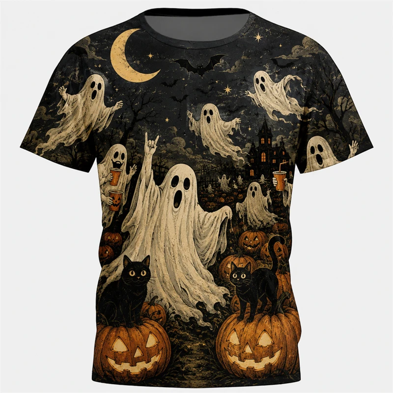 Halloween Theme 3D All Over Print T Shirt For Men Fashion Fire Skull Pumpkin Ghost Graphic Tee Unisex Carnival Party Casual Tops