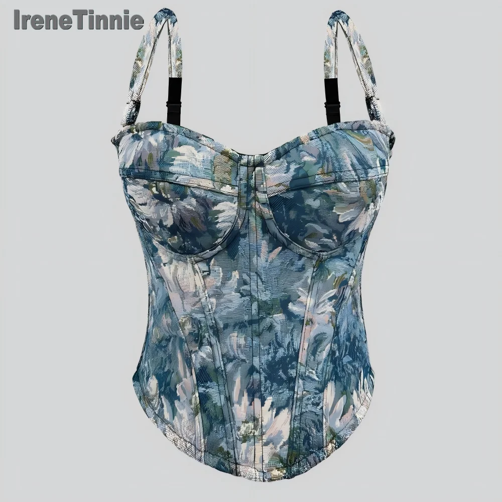 

IRENE TINNIE Retro Streetwear Floral Print Fishbone Slim Fit Shapewear Vest Women's Clothing Polyester Fiber Tightening Corset