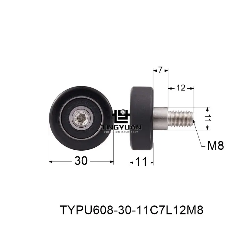 Polyurethane Roller TYPU608-30-11mm  Flat Type ID8 OD30 TPU 1pcs  Black Wheel Roller Pulley With 304 Screws  Guide Wheel