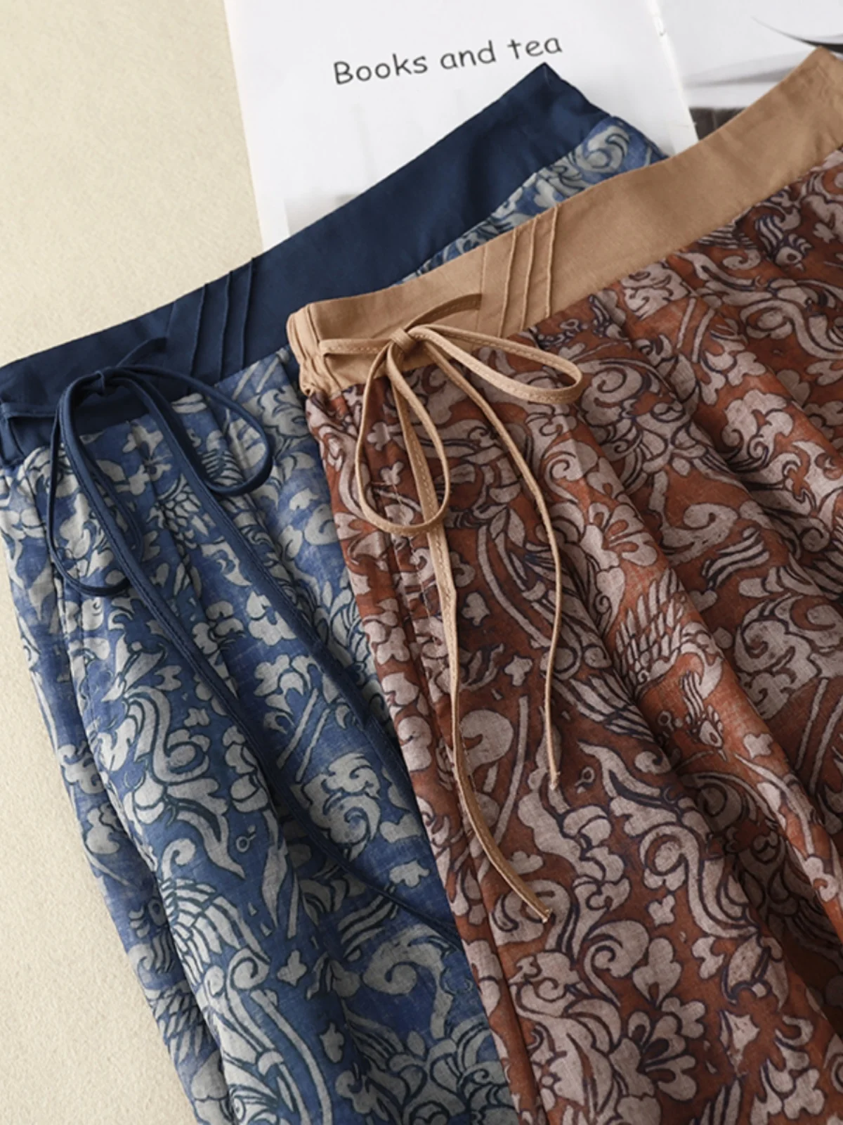 Falda Midi Retro con Estampado Floral, Cintura Alta con Cordón, Lino y Aodón, Estilo Informal para Mujer