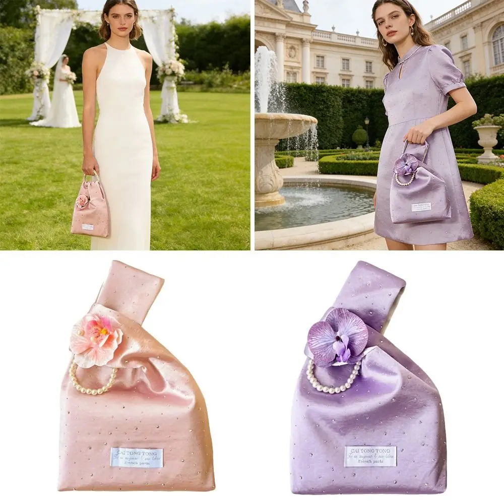 

Retro Crystal satin Wrist Bags Washable moth orchid Small Bucket Bags Handheld Elegant Handbags For Girl Lady Women Female