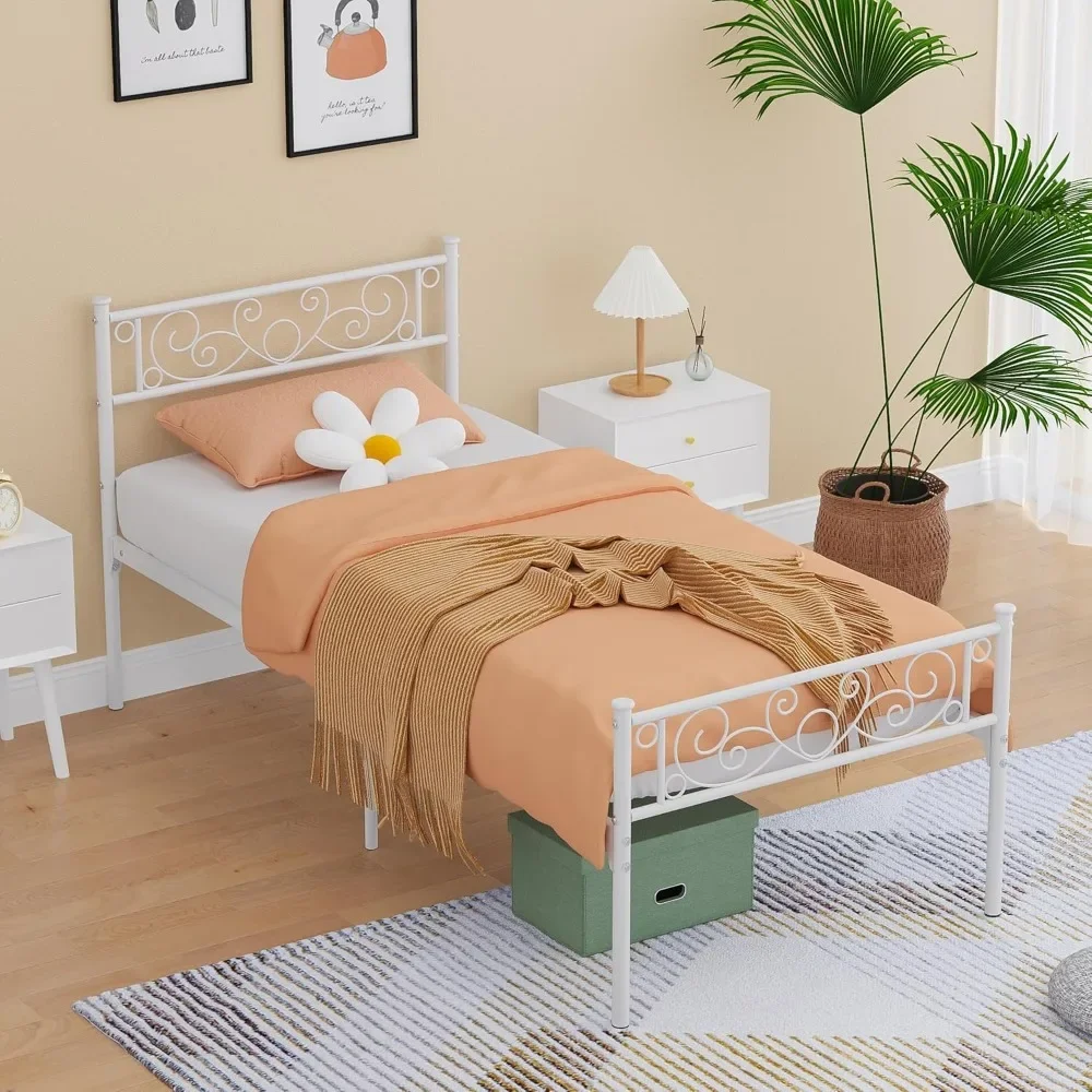 Plataforma metálica Cama Frame com Cabeceira e Footboard, Espaço de Armazenamento, Fundação Colchão, Nenhuma Caixa, Primavera Necessária para Menina e Menino