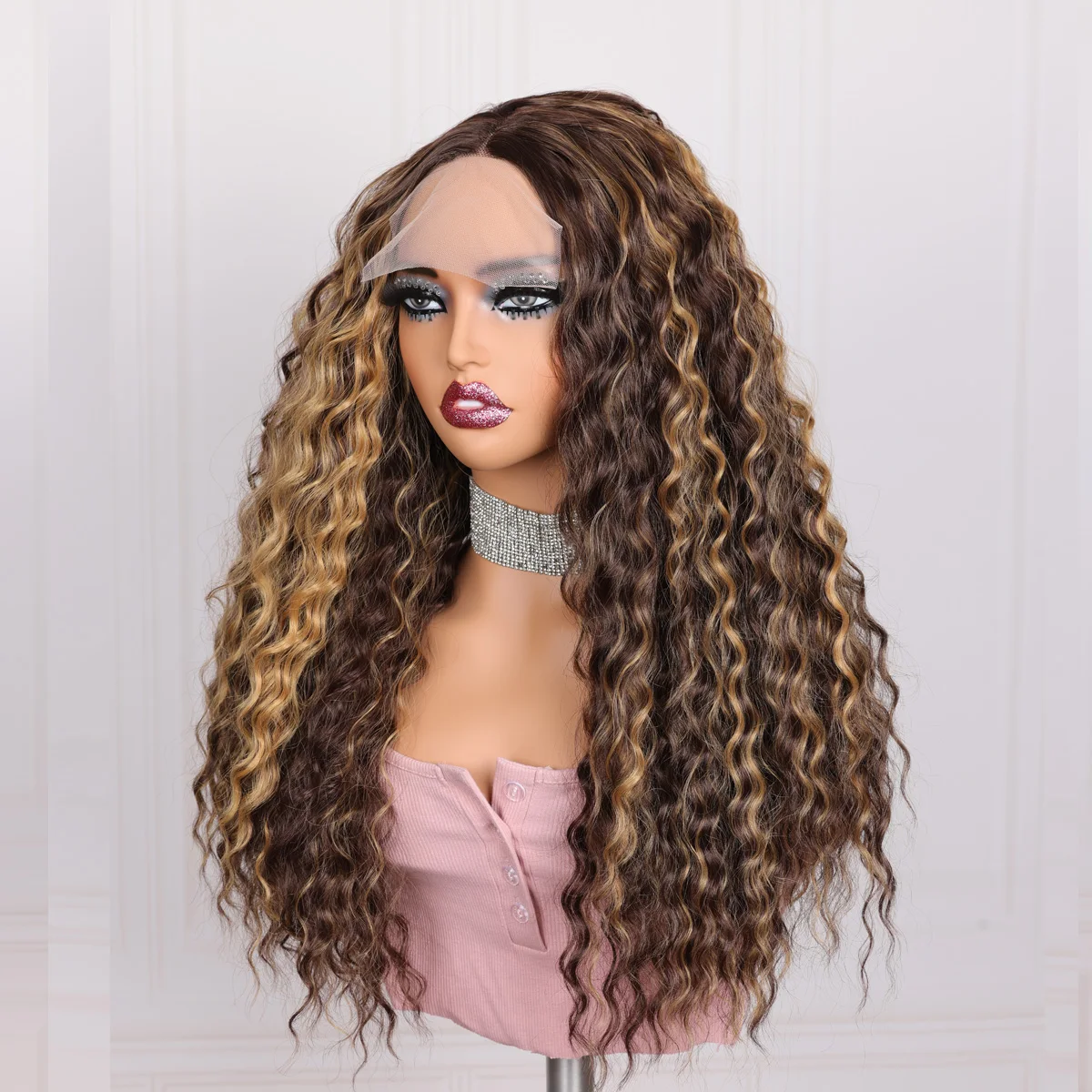 

180Density 26Inch Highlight Blonde Kinky Curly Lace Front Wig For Black Women With Baby Hair Glueless Synthetic Preplucked Daily