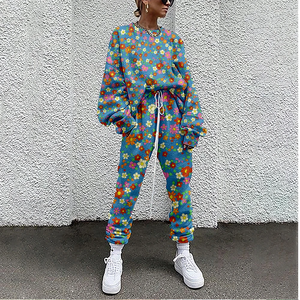 SOJINM Women Tracksuit Vintage Floral Print 2 Piece Outfit Sweatshirt+Straight Sweatpants Matching Set Fitness Sporty Streetwear