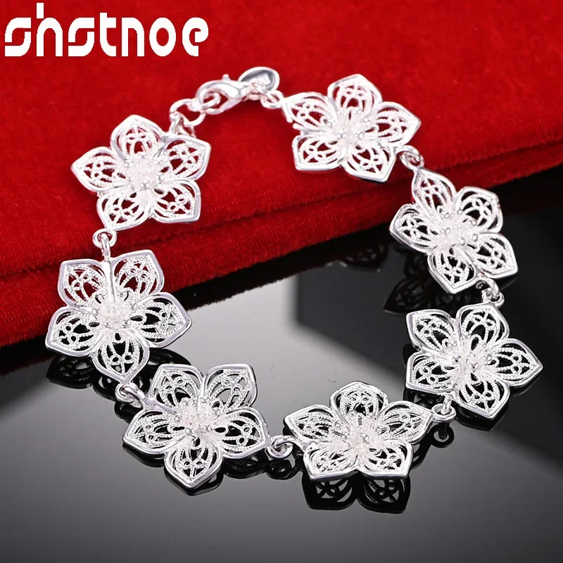 

SHSTONE 925 Sterling Silver Bracelets Retro Full Flower Bracelet Women Party Wedding High Quality Fashion Jewelry Gifts