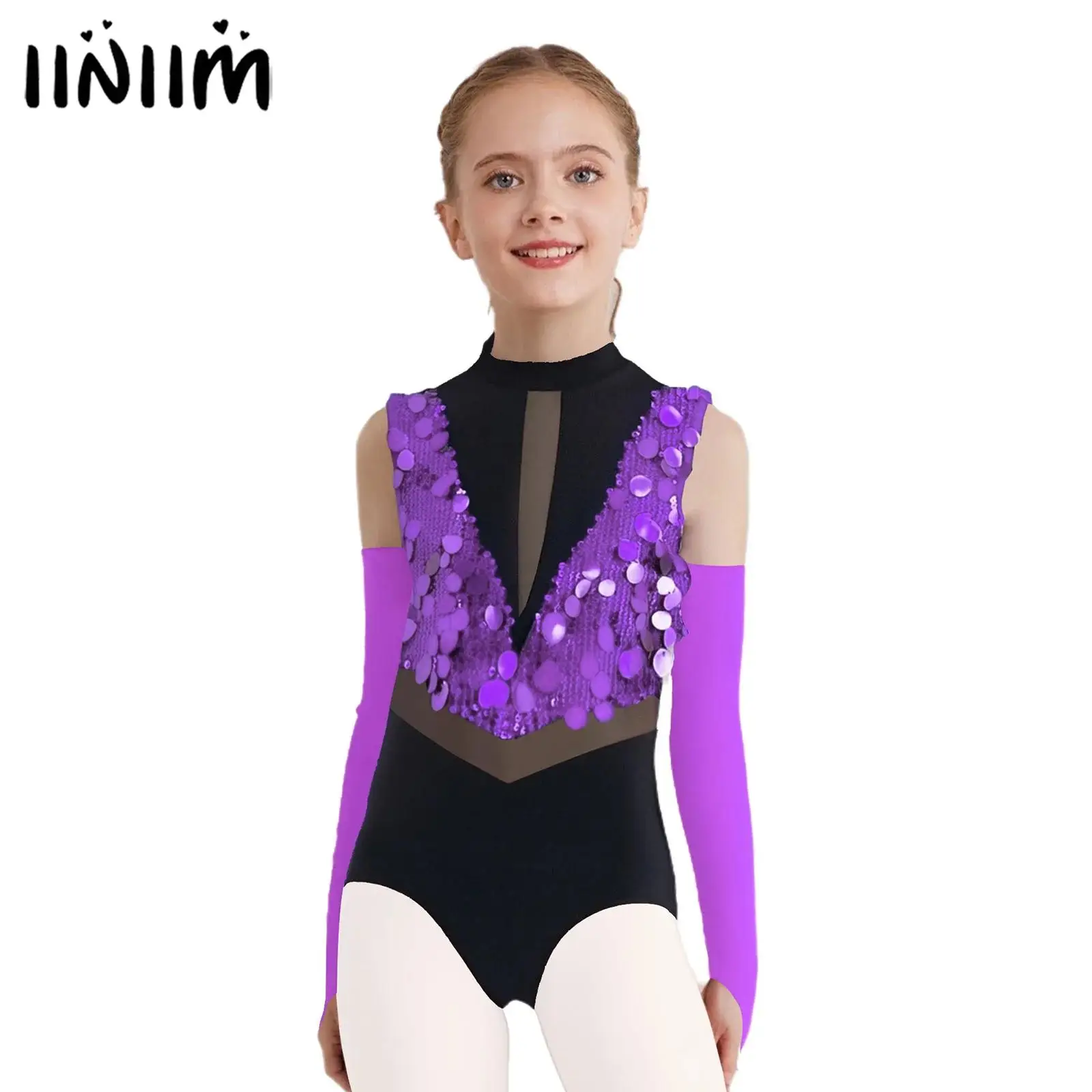 

Kids Girls Gymnastics Latin Jazz Dance Outfit Performance Costume Mock Neck Cutout Back Sparkling Sequins Leotard with Gloves