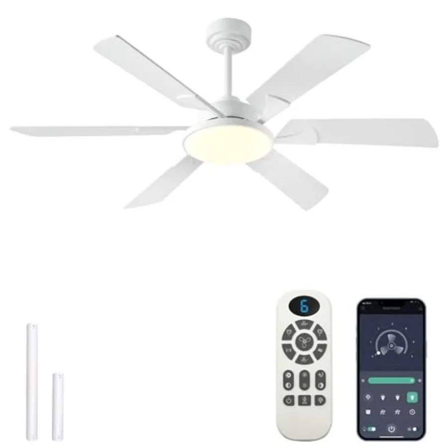 52 Inch Low Profile Ceiling Fan with Lights, Remote and APP Control, 3CCT Dimmable, 6 Blades 6 Speed Ceiling Fans, Quiet Revers
