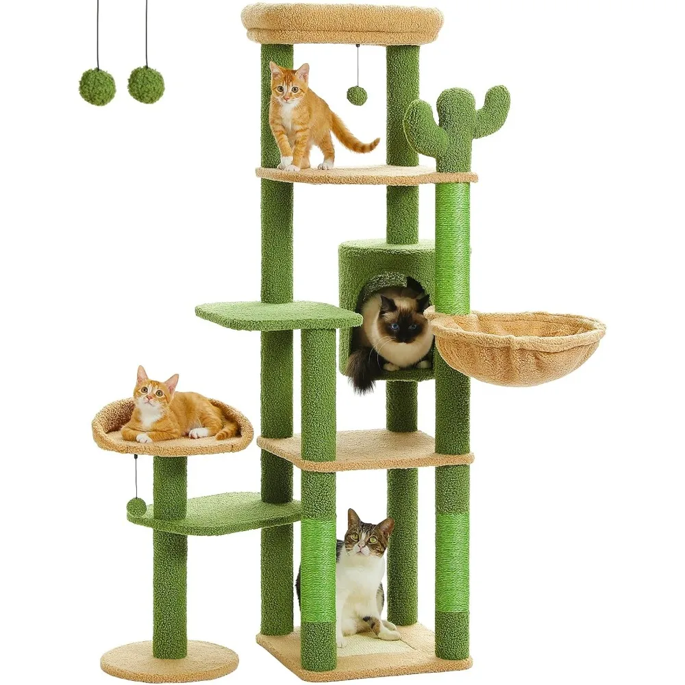 

59" Cactus Cat Tree, Large Cat Tree for Indoor Cats,Cat Tower for Large Cats,Multi-Level Cat Tower,Cat Condo with Large Hammock,