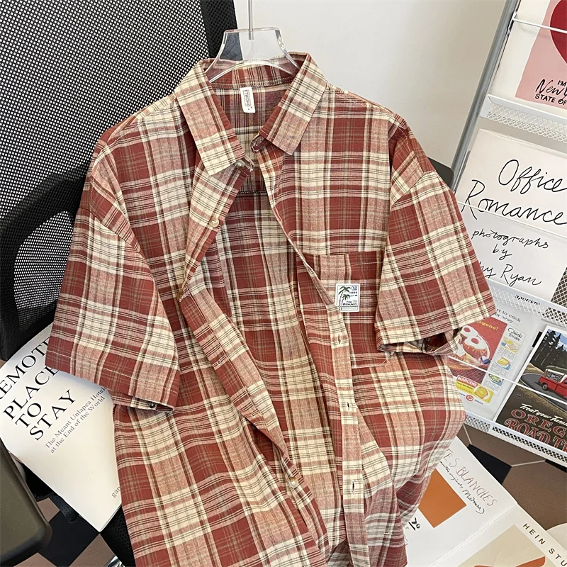 

Summer Plaid Short Sleeve Shirt Casual Retro American High Street Unisex Checkered Design Outerwear Youth Fashion Standard Fit