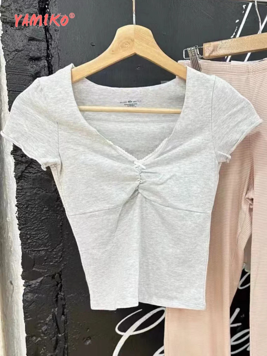 Ruched Lace Trim T-Shirt Women Summer Clothes Cotton Raw Cut Short Sleeve Tees Crop Tops 2000s Y2K Girls Youthful T-Shirts 2024