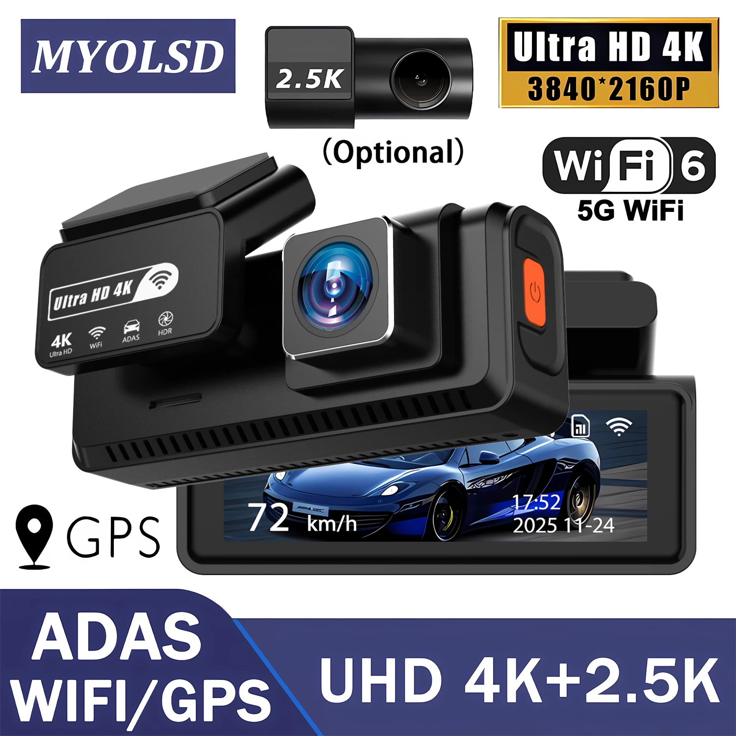 

4K+2.5K Dual Lens Dash Cam 3840*2160P With ADAS WiFi Car DVR Night Vision Mini Drive Recorder Black Box 24 Hour Monitoring