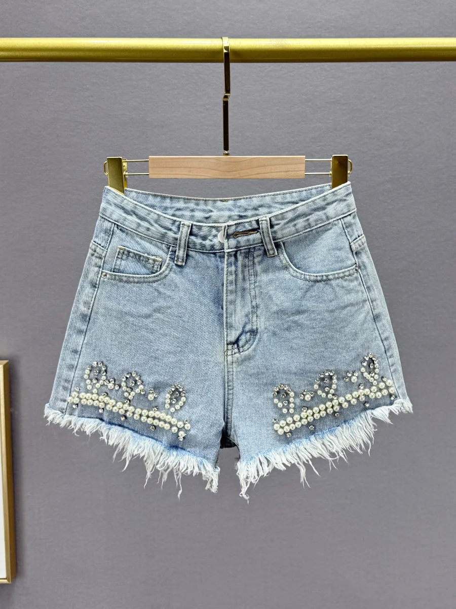 

High Waist Slim Fit Diamond Embellied Denim orts Women's Trendy Summer New Sle Stand up Frayed Hot Pants Casual Vintage...