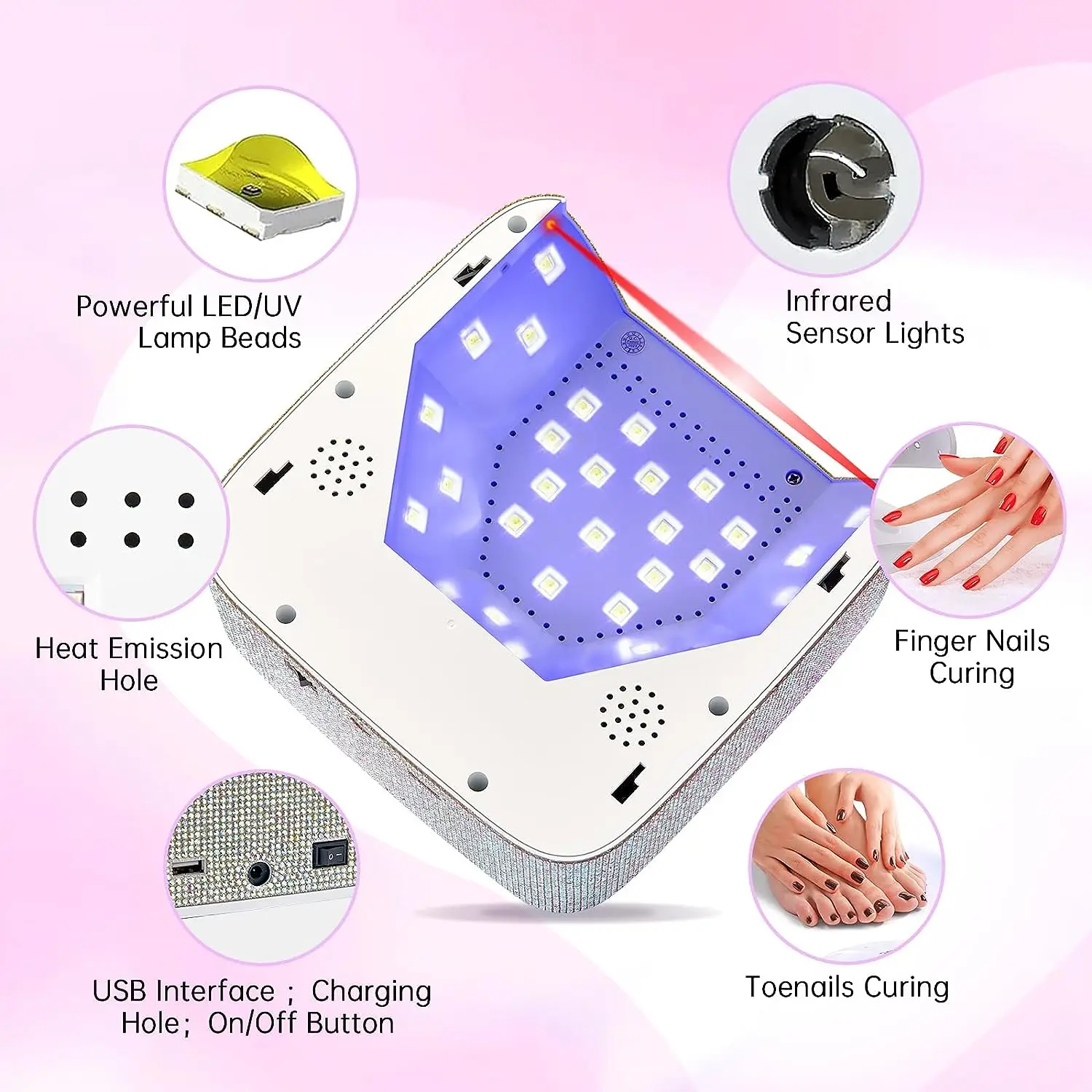 72W UV LED Nail Lamp Rechargeable Fast Drying Sparkly Nail Dryer Manicure Lamp Wireless for Curing All Gel Nail Polish